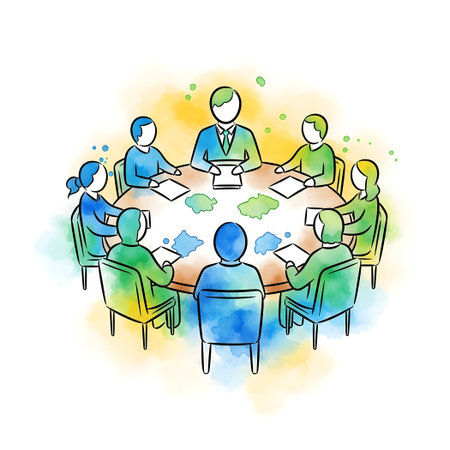 Teamwork concept. Hand drawn vector illustration of business people sitting around round table.のイラスト素材