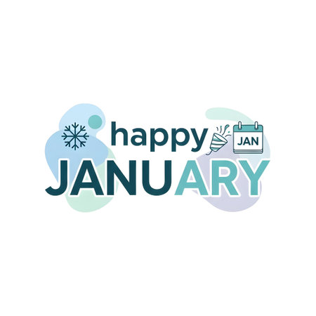 Happy january lettering with snowflakes. Vector illustration.のイラスト素材