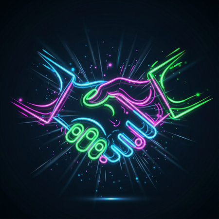 Handshake. Handshake in neon style. Vector illustration on a dark background.のイラスト素材