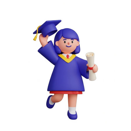 Graduate girl with diploma and hat isolated on white background. 3D rendering.のイラスト素材