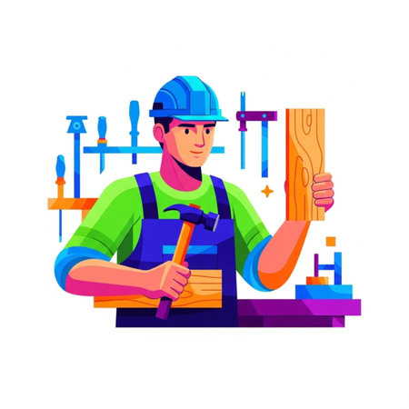 Carpenter with hammer and nails. Woodwork, carpentry, woodwork concept. Vector illustration in...