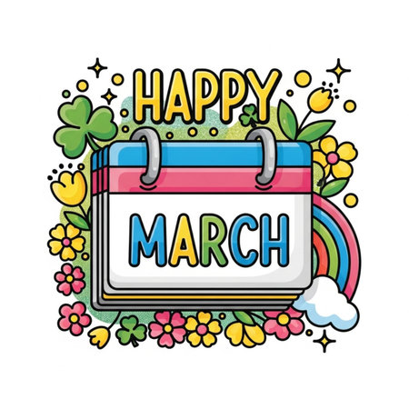 calendar with happy march lettering and decoration vector illustration desingのイラスト素材