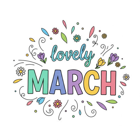Happy March lettering with floral elements. Hand drawn vector illustration.のイラスト素材
