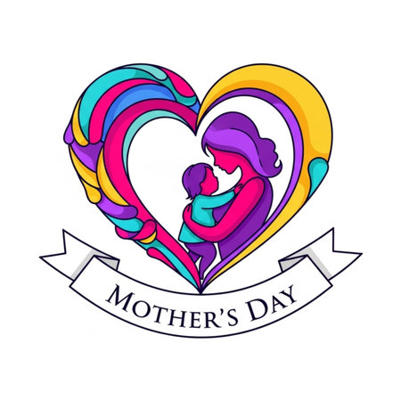 Mothers day greeting card with colorful heart and ribbon. Vector illustration.のイラスト素材