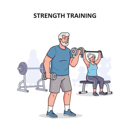 Senior man doing exercises with dumbbells. Vector illustration in cartoon styleのイラスト素材