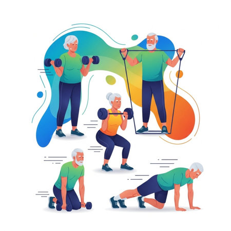 Elderly people doing fitness exercises. Flat vector cartoon illustration.のイラスト素材