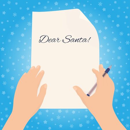 A man or woman with a pen writes a letter to Santa Claus. Dear Santa! Two hands touch a sheet of paper with a curly corner. Isolated on a blue background with snowflakes and stars. Vector illustrationのイラスト素材
