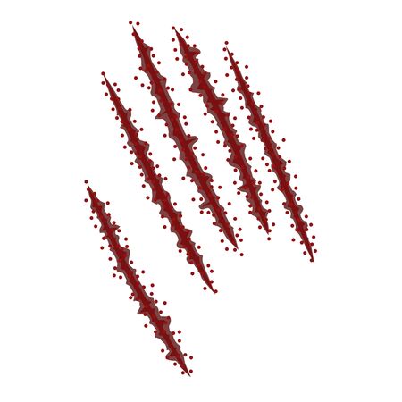 Bloody scratch with splatter. Trace from five claws isolated on a white background. Vector illustration for stickers, posters, halloween decor.のイラスト素材