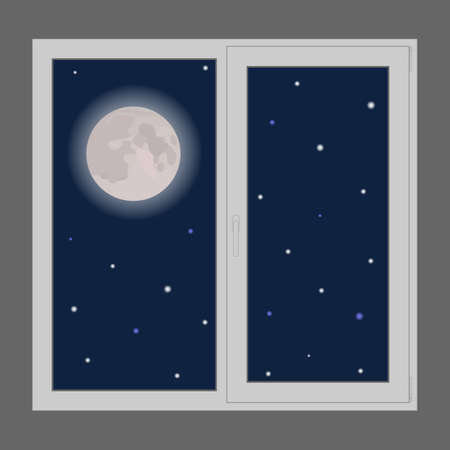 Night sky with full moon and stars outside the window isolated on gray background. Vector illustrationのイラスト素材