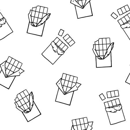 Seamless pattern of hand drawn sweets. Bitten, broken, whole chocolate bars in wrappers. Black outlines isolated on white background. Vector illustration for decor, design, advertising, wallpaperのイラスト素材