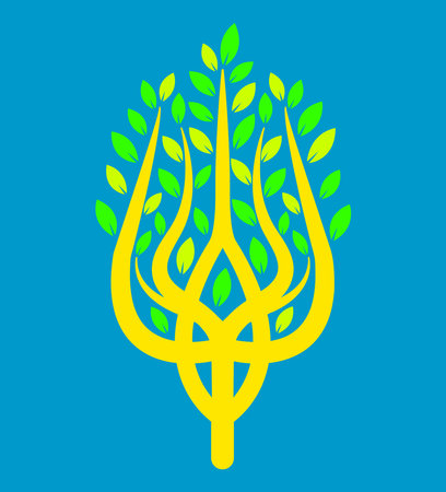 Coat of arms of Ukraine as a tree with leaves. national emblem. Golden Trident isolated on blue background. Patriotism. no war. vector illustrationのイラスト素材
