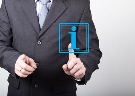 technology, internet and networking concept - Businessman presses information button on virtual screens. Internet technologies in business.の写真素材