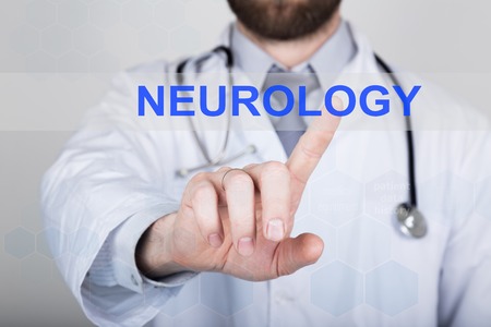 technology, internet and networking in medicine concept - medical doctor presses neurology button on virtual screens. Internet technologies in medicine.の写真素材
