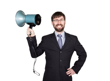 bearded businessman yelling through bullhorn. Public Relations. man expresses various emotions. photos of young businessman wearing a suit and tie. isolated on white background.の写真素材
