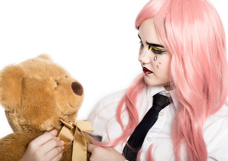 young woman with professional comic pop art make-up. Funny cartoon or comic strip make-upの写真素材