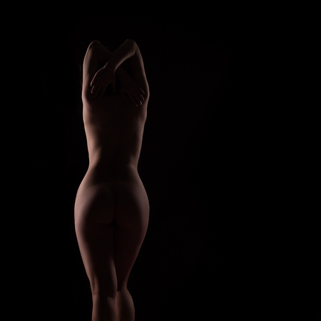 silhouette of seductive woman on a dark background. Nude athletic female body. free space for your textの写真素材