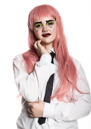 young woman with professional comic pop art make-up. Funny cartoon or comic strip make-upの写真素材