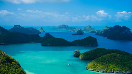 Landscape image of Mu Ko Ang Thong National Marine Park, Samui Island, Thailand. Beautiful top view of the tropical islands.の写真素材