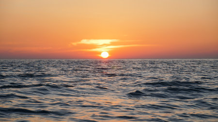 big sunset over sea, Panorama of sea sunrise, ocean sunrise, seascape. Romantic colorful sunset at...