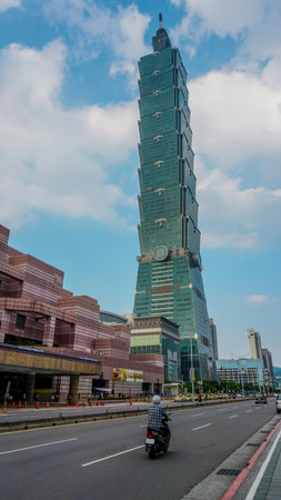 Panoramic view of Taipei 101 Skyscraper and other modern buildings from the top of the Xiangshan...
