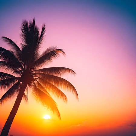 Silhouette of palm trees at tropical sunrise or sunset. Plam and beach background concepts. Summer photo of setting sun among palm trees, tropical vibes, plams, sunset, backlitの素材