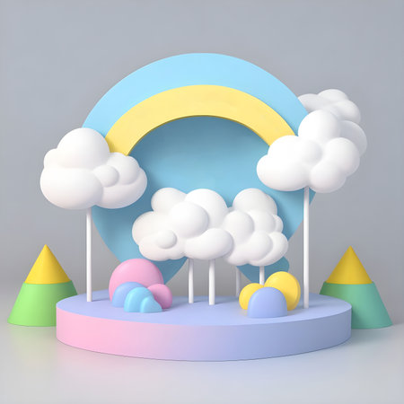 Studio background with realistic podium spotlight. 3d product podium with hand drawn weather background, empty space for kids or baby product.の素材