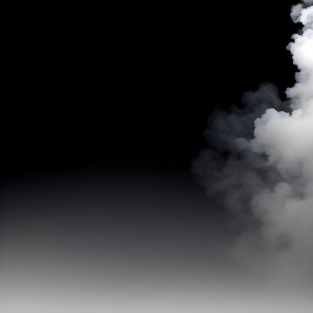 Smoke On Cement Floor With Defocused Fog In Background. Empty space of Studio dark room concrete floor grunge texture background with spot lighting and fog or mist in background.の素材