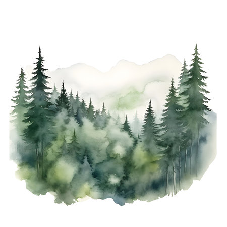 Landscape with green misty foggy forest trees and cloudy sky. Watercolor coniferous forest landscape in foggy mountains poster template. Nature vector illustration in green colors. Template with coniferous trees, mountains and place for text.の素材