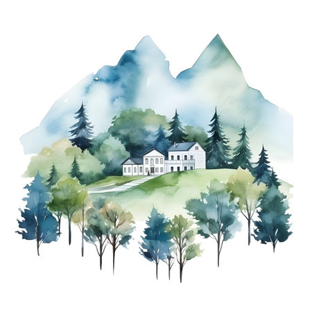 Watercolor landscape original painting colorful of mountain village. Hand drawn bright watercolour paint sketch scene on white paper backdrop retro style. Scenic blue color marine outdoor coast day cloud. Artwork fall cereal corn trail way travel town view text spaceの素材