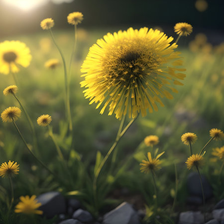 Beautiful meadow with wild flowers. Nature background. Soft focus. Beautiful, colorful flowers in an English cottage summer garden with sunflowers, Zinnia and grasses in soft sunshine.の素材