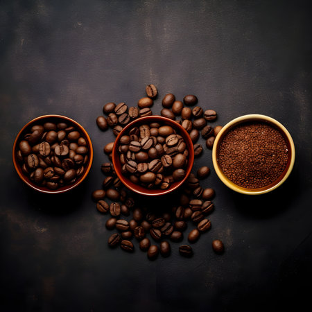 Type coffee roasted ready mix for special taste coffee. Cup of coffee, bag and scoop on old rusty background. Top view.の素材