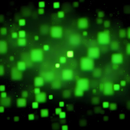 Green Warped squares bokeh lights Abstract Background. The nightly blur illumination. The weaves from squares bokeh lights on black background. Defocused light at the evening street. Warm effectの素材