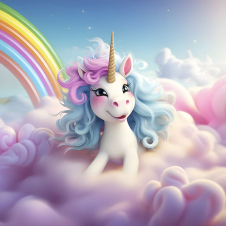 Abstract 3d cute cartoon image of unicorn and rainbow on clouds background, cute flying unicorn in the sky with rainbow, toy store wallpaper, kids room wallpaper, children's book illustration.の素材