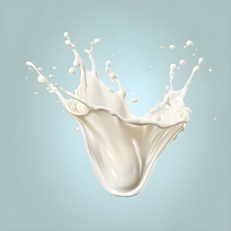 Realistic transparent glasses with pour milk splash, vector illustration isolated. full and empty glass on a blue background. A splash of milk from a glass. milk splash with glass of milk.の素材