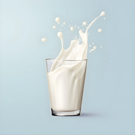 Realistic transparent glasses with pour milk splash, vector illustration isolated. full and empty glass on a blue background. A splash of milk from a glass. milk splash with glass of milk.の素材
