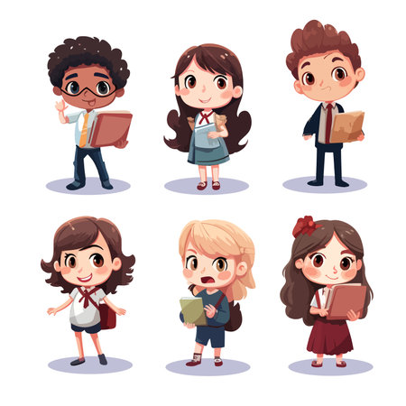 Happy kids cartoon collection. Multicultural children in different positions isolated on white background. Set of preschoolers children teenagers characters in different poses, clothes, wear. School kids vector.のイラスト素材