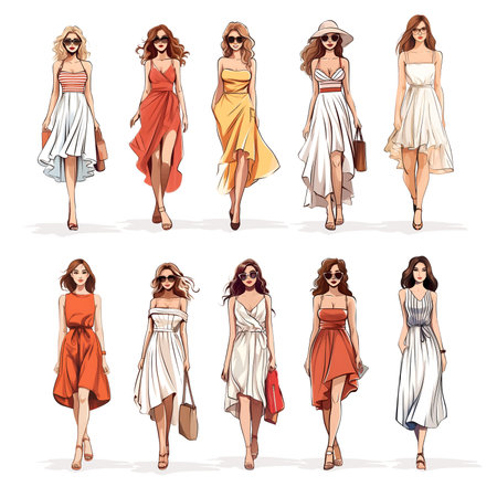 Big Set of different women wearing, party, casual, modern street style summer fashion outfit standing and walking. Cartoon style realistic vector art illustration isolated.のイラスト素材