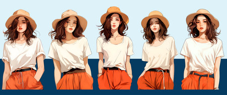 Set of stylish people in fashion casual outfits with accessories and bags. Young modern women wearing trendy summer clothes. Colored flat vector illustration isolated on white backのイラスト素材