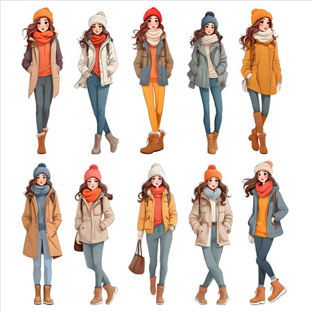 Set of characters in winter clothes. Woman in coat, stylish girl with long scarf. woman casual winter cold weather clothes fashion styles. Persons wearing scarfs, hats, gloves, mittens, warm coats.のイラスト素材