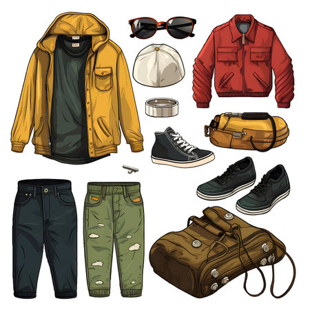 Man summer clothing vector icon set. Pants, trunks, socks, hat, t-shirt, backpack, flippers, shirt, shorts, sunglasses, breeches. Set of flat men clothes and accessories icons collection.のイラスト素材