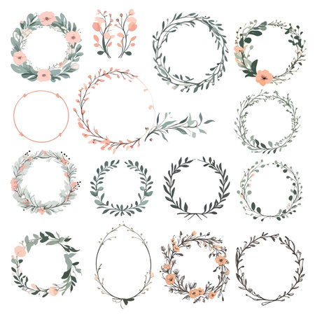 Set of luxury wedding frame element vector illustration. Watercolor floral leaf branch wreath with golden circle frame and brush stroke. Hand drawn wedding herb line art style.のイラスト素材