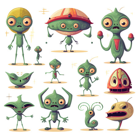 Set of monsters aliens standing. Cartoon funny germ and bacteria, angry and happy alien scary...