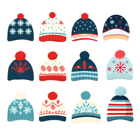 Winter hats. Kids knitting autumn headwear, hats and scarf, cold weather children accessories isolated vector illustration icons set. Child knitted scarf, accessory headwear, autumn childish garmentのイラスト素材