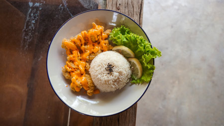 Crispy chicken with spicy lemon sauce. Chicken strips with delish garlic dip, Asian dish culinary Still Life. Thai Crispy chicken with rice.の写真素材