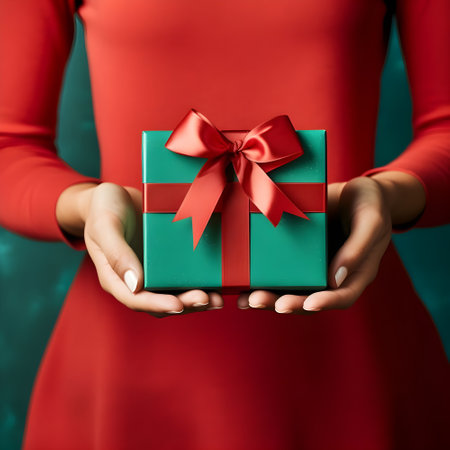 Christmas or New Year's gift box in female hands or woman's palms. Merry christmas and happy new year concept. Female hands holding a red gift box with a red bow on a gray background.の素材
