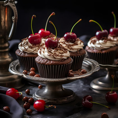 Image of individual, homemade, Black Forest gateau cupcake in brown paper cake case, piped whipped cream rosette topped with morello cherry sprinkled with chocolate shavings on black background.の素材