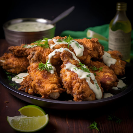 Fried crispy chicken lime salad dressing served. homemade chicken karaage, Japanese Style Fried Chicken, cuisine dish with deep fried marinated chicken.の素材