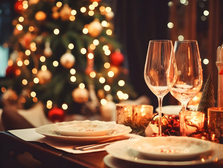 Beautiful served table with decorations, candles and lanterns. Little gingerbread house with glaze on white tablecloth. Living room decorated with lights and Christmas tree. Holiday setting close upの素材