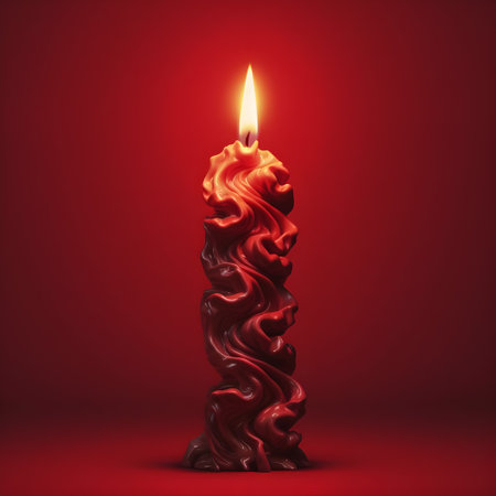 Candle in blackness. Close-up of burning candle against red background. Single Candleの素材
