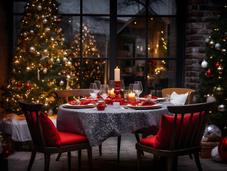 Table served for Christmas dinner with decorations, candles, fruits, glasses and lanterns. Bright living room decorated with lights and Christmas tree. Natural light shot.の素材